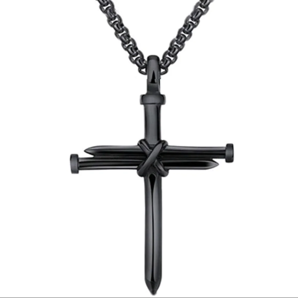 Pendant--𝅺BLACK over Stainless Steel Nails & Rope Cross pendant necklace